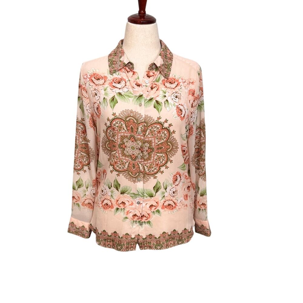 Rose + Olive peach floral paisley collared button up shirt loose fit Sz M